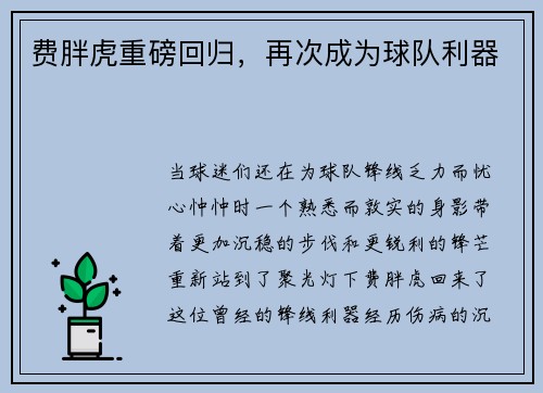 费胖虎重磅回归，再次成为球队利器